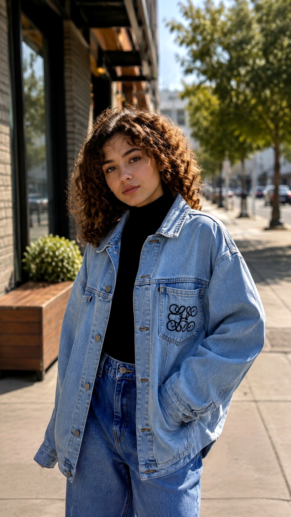 Oversized Denim Jacket Script Pocket - 21 black pocket script font denim