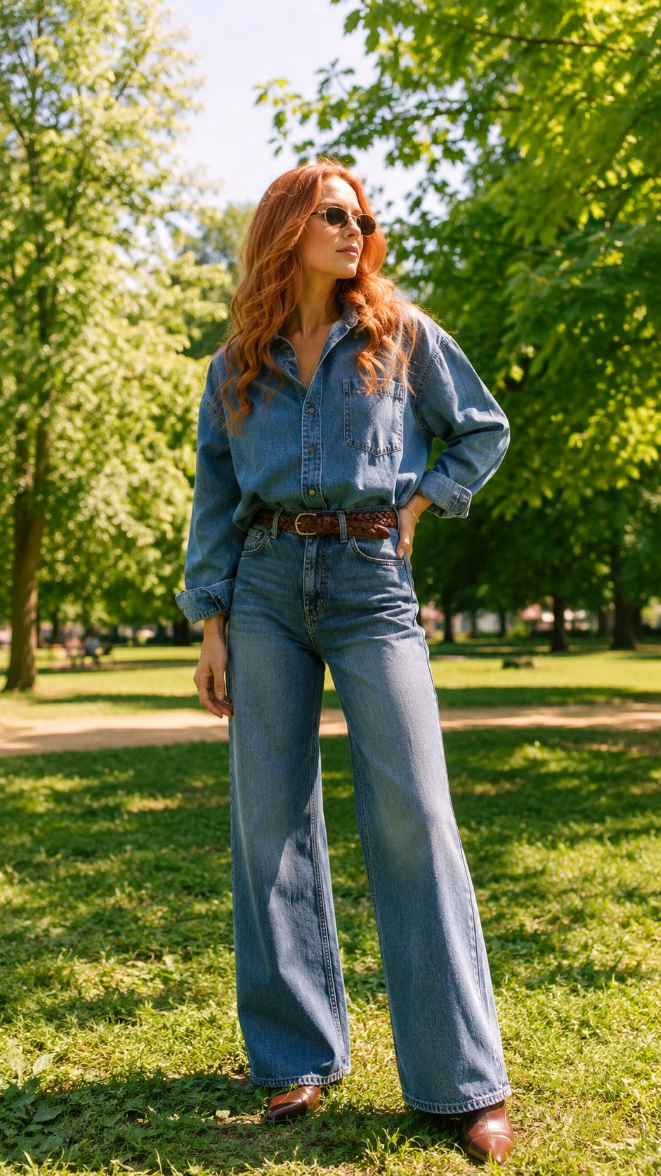Oversized Denim Shirt with Wide Jeans - 20 Double Denim Outfit Ideas