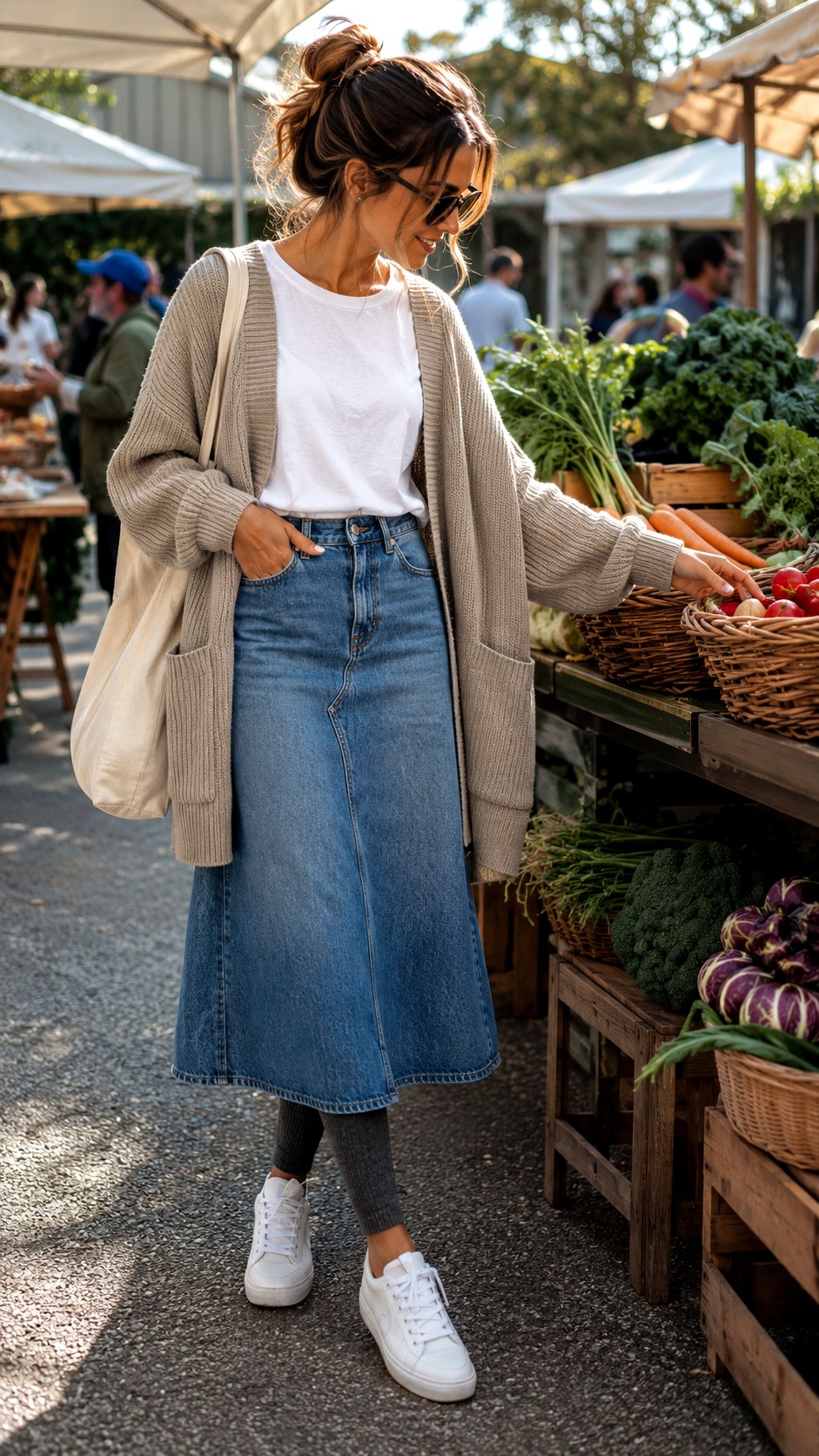 Oversized Denim Skirt with Ribbed Leggings - 22 Skirt with Leggings Outfit Ideas