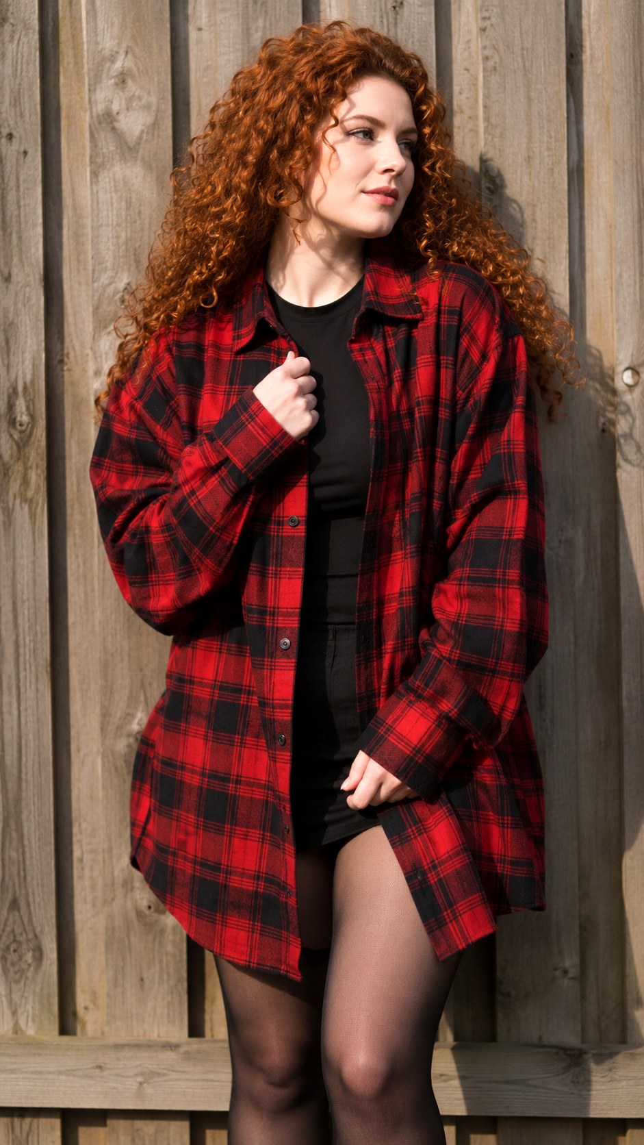 Oversized Flannel Shirt With Black Tights - 21 Soft Alternative Outfits Ideas