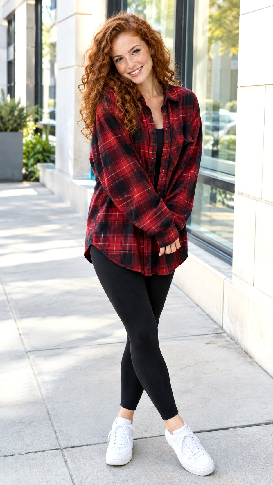 Oversized Flannel Shirt and Leggings - 25 cozy fall outfit ideas