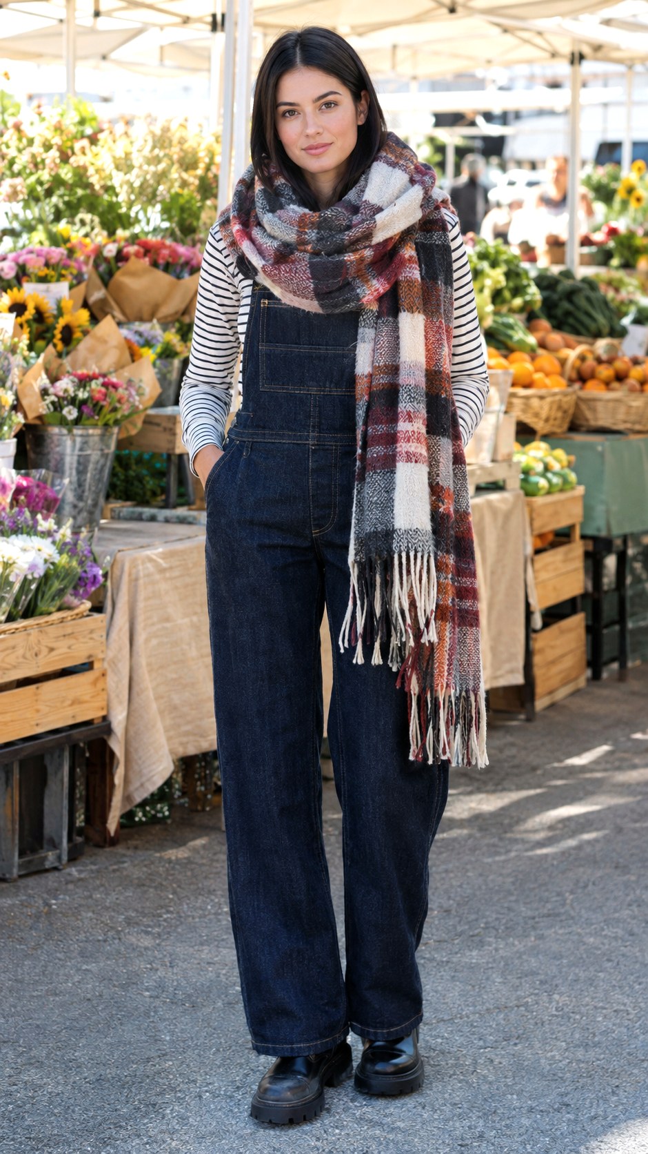 Oversized Scarf Over Denim Jumpsuit - 23 fall fashion outfit ideas
