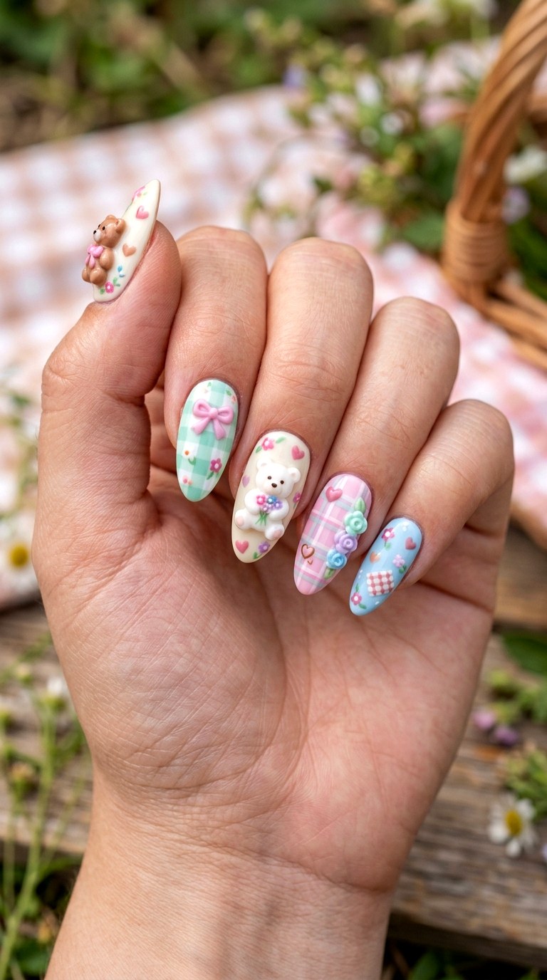 Pastel Bear Picnic Nails - 20 Handmade pastel kawaii nail design ideas
