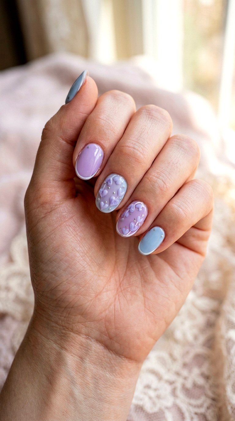 Pastel Blue Lilac Heart Accents - 25 pastel purple blue nail ideas