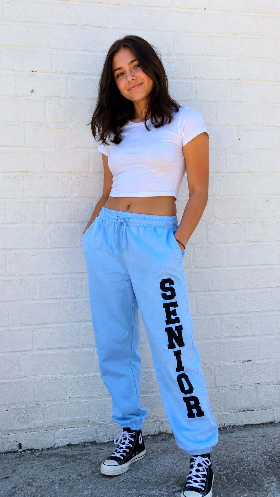 Pastel Blue and Bold Black - 25 varsity font stenciled senior pants