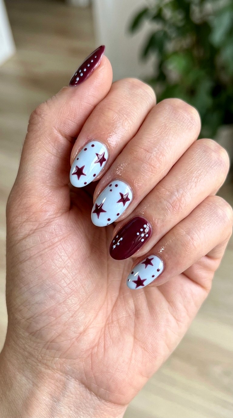 Pastel Blue and Burgundy Mix - 20 Star and polka dots Nail design ideas