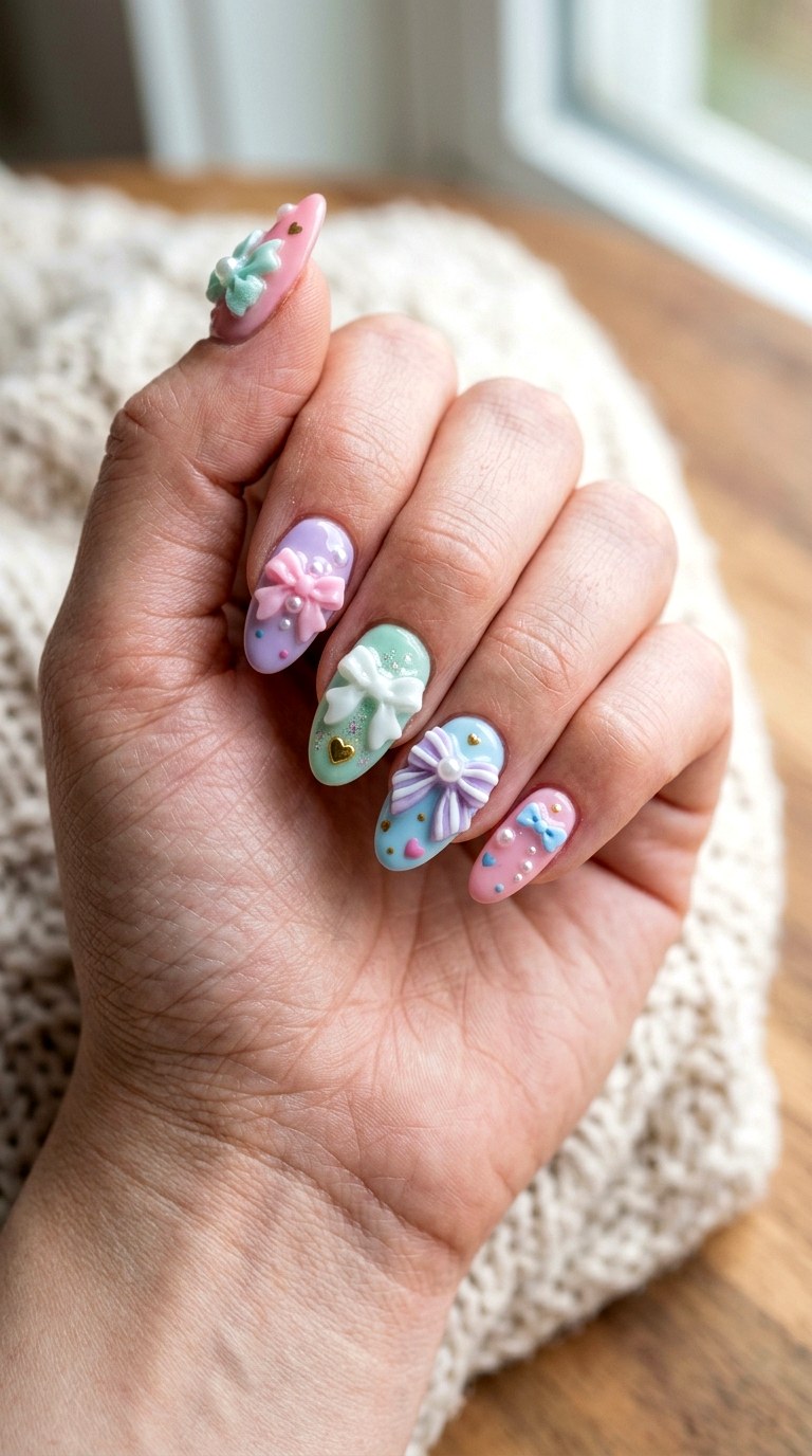 Pastel Bow And Pearl Nails - 20 Handmade pastel kawaii nail design ideas