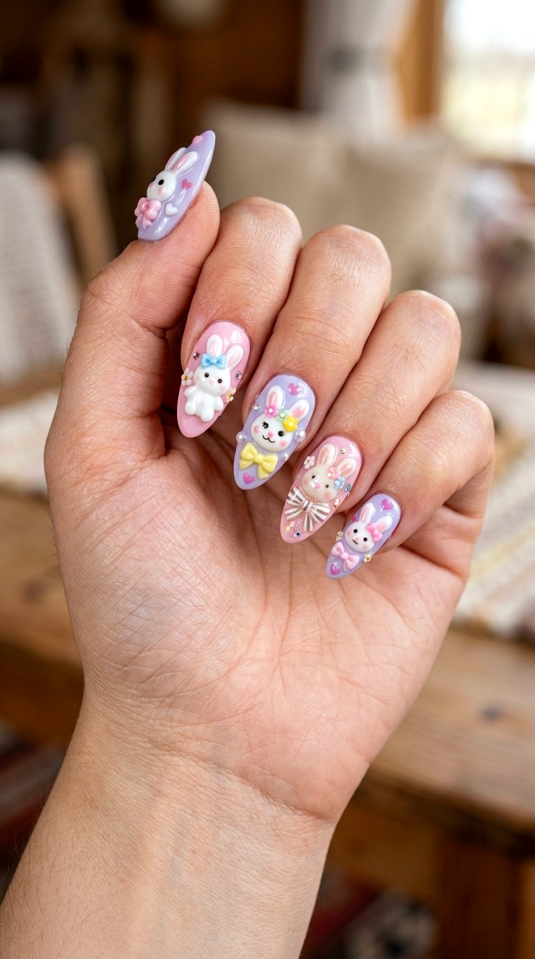 Pastel Bunny Charm Nails - 20 Handmade pastel kawaii nail design ideas