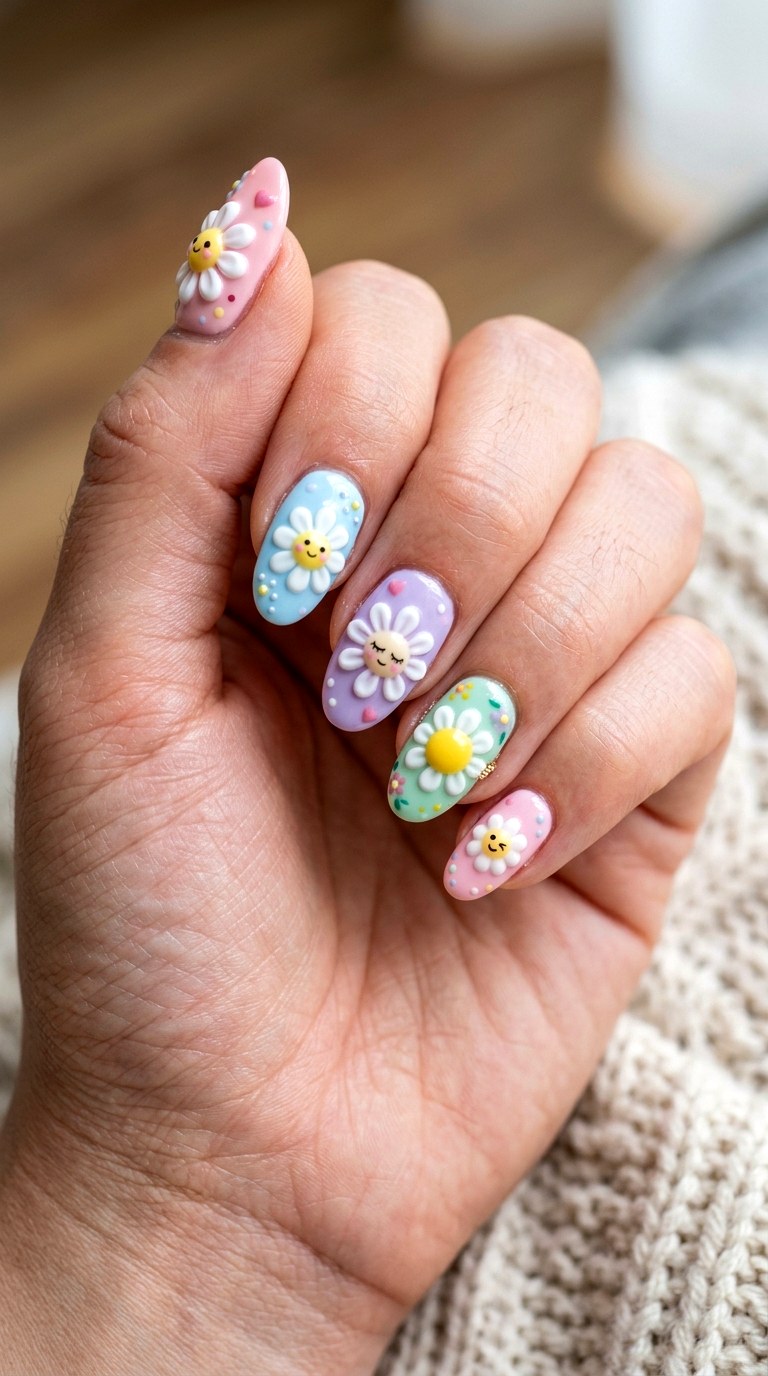Pastel Daisy Character Nails - 20 Handmade pastel kawaii nail design ideas