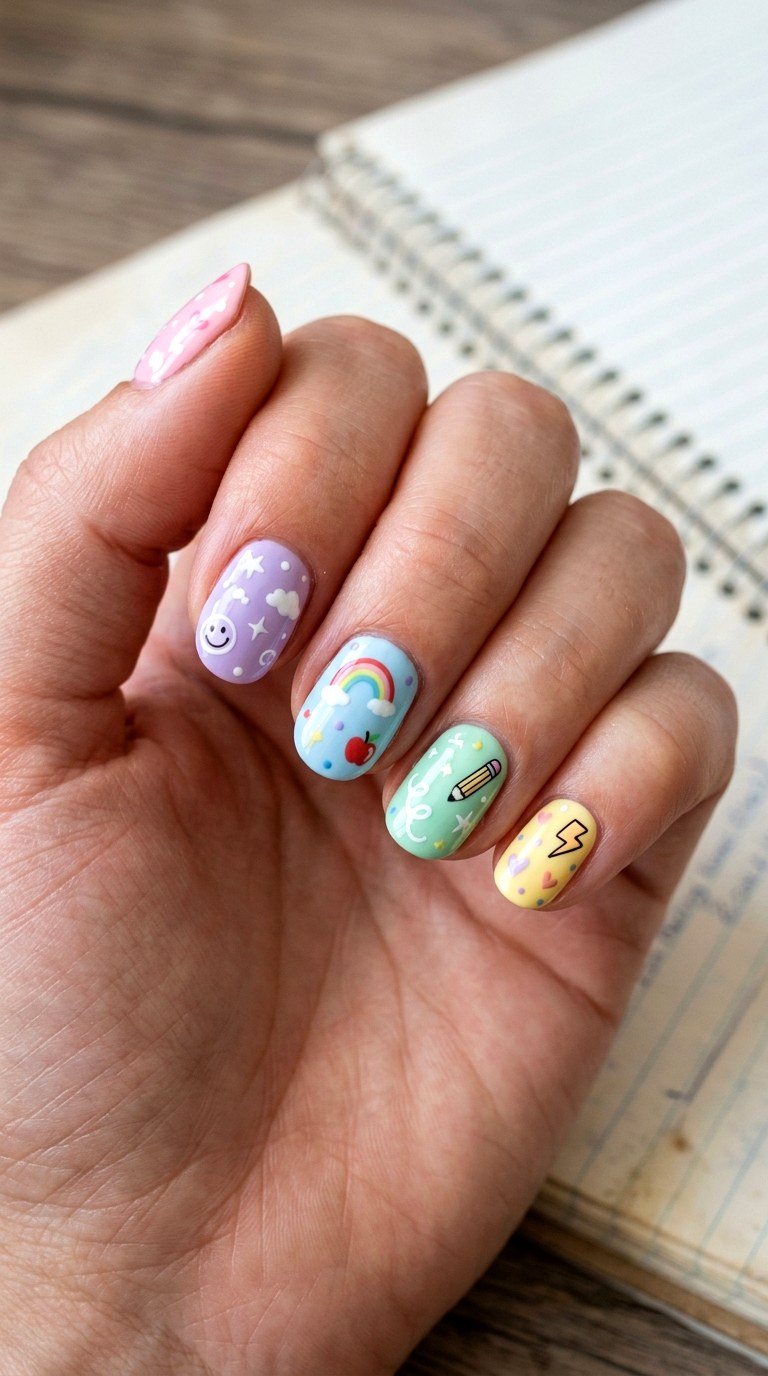 Pastel Doodle School Nails - 23 back to school nail art inspiration ideas