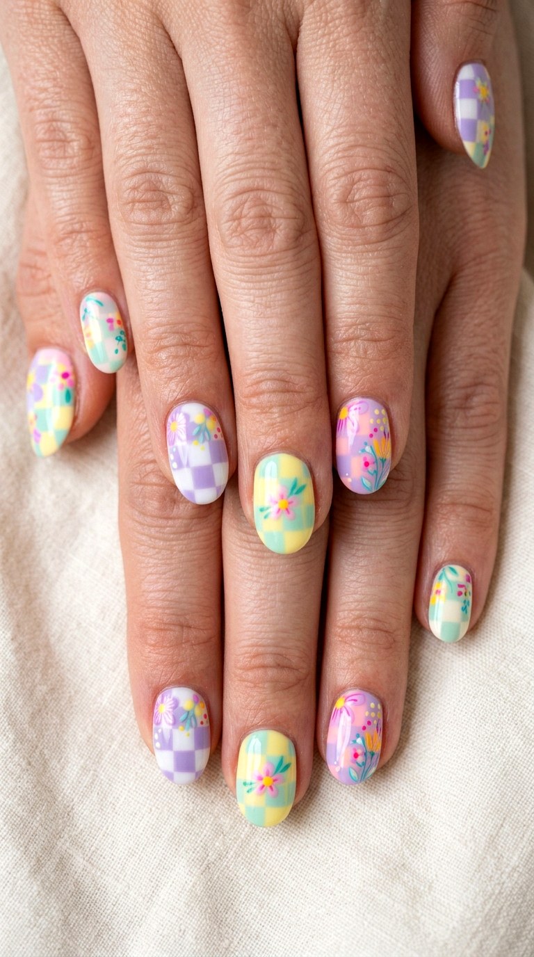 Pastel Floral Checkerboard - 22 Whimsical pastel nail art ideas