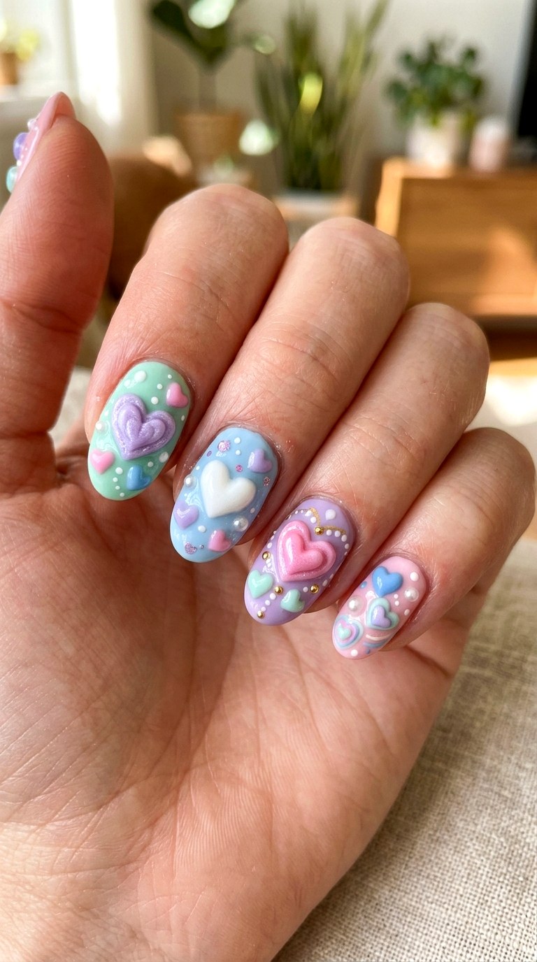 Pastel Heart D Nails - 20 Handmade pastel kawaii nail design ideas