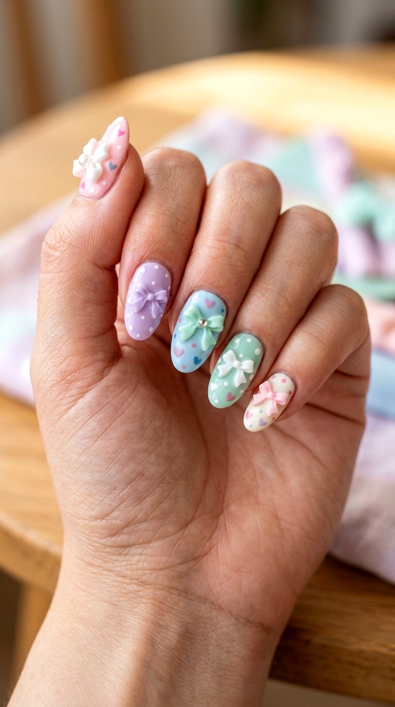 Pastel Kawaii Bow Nails - 20 Handmade pastel kawaii nail design ideas