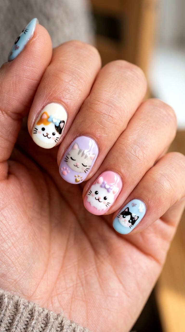 Pastel Kitty Face Nails - 20 Handmade pastel kawaii nail design ideas