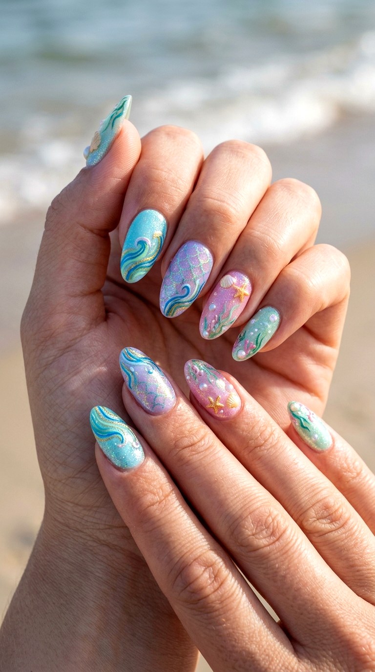 Pastel Mermaid Lagoon Nails - 22 Whimsical pastel nail art ideas