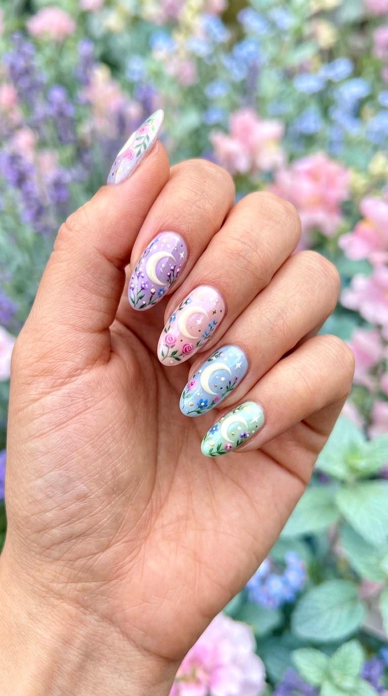 Pastel Moon Garden Nails - 22 Whimsical pastel nail art ideas