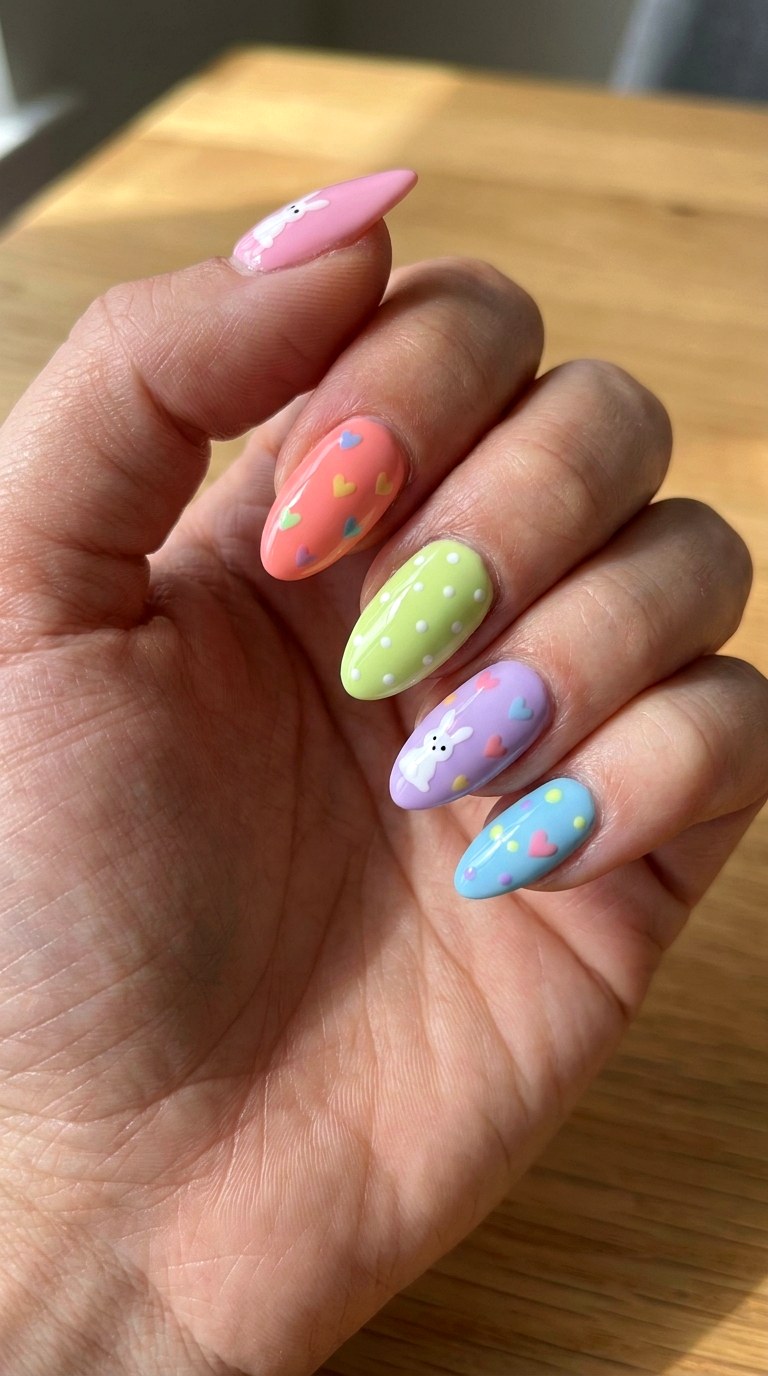 Pastel Neon Bunny Hearts - 25 sweet heart bunny nails idea