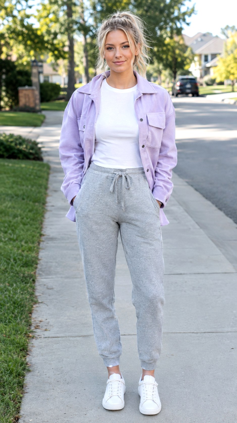 Pastel Overshirt and Grey Joggers - 21 shacket jacket outfit ideas