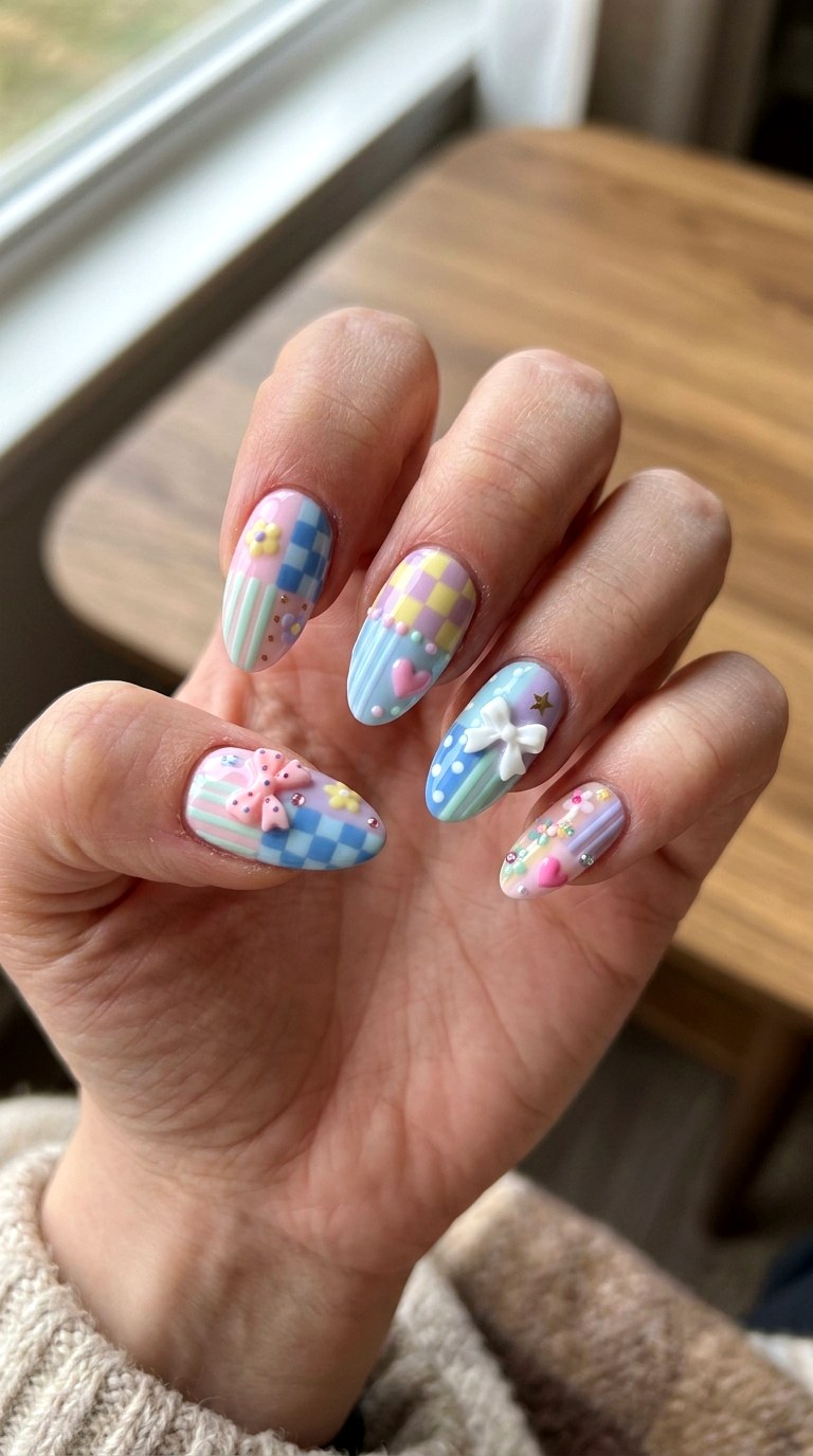 Pastel Patchwork Kawaii Nails - 20 Handmade pastel kawaii nail design ideas