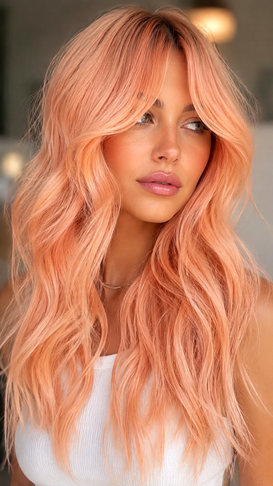 Pastel Peach Waves With Curtain Bangs - 22 Curtain Bangs Long Hair Ideas
