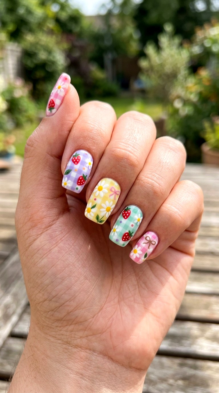 Pastel Picnic Gingham Nails - 22 Whimsical pastel nail art ideas