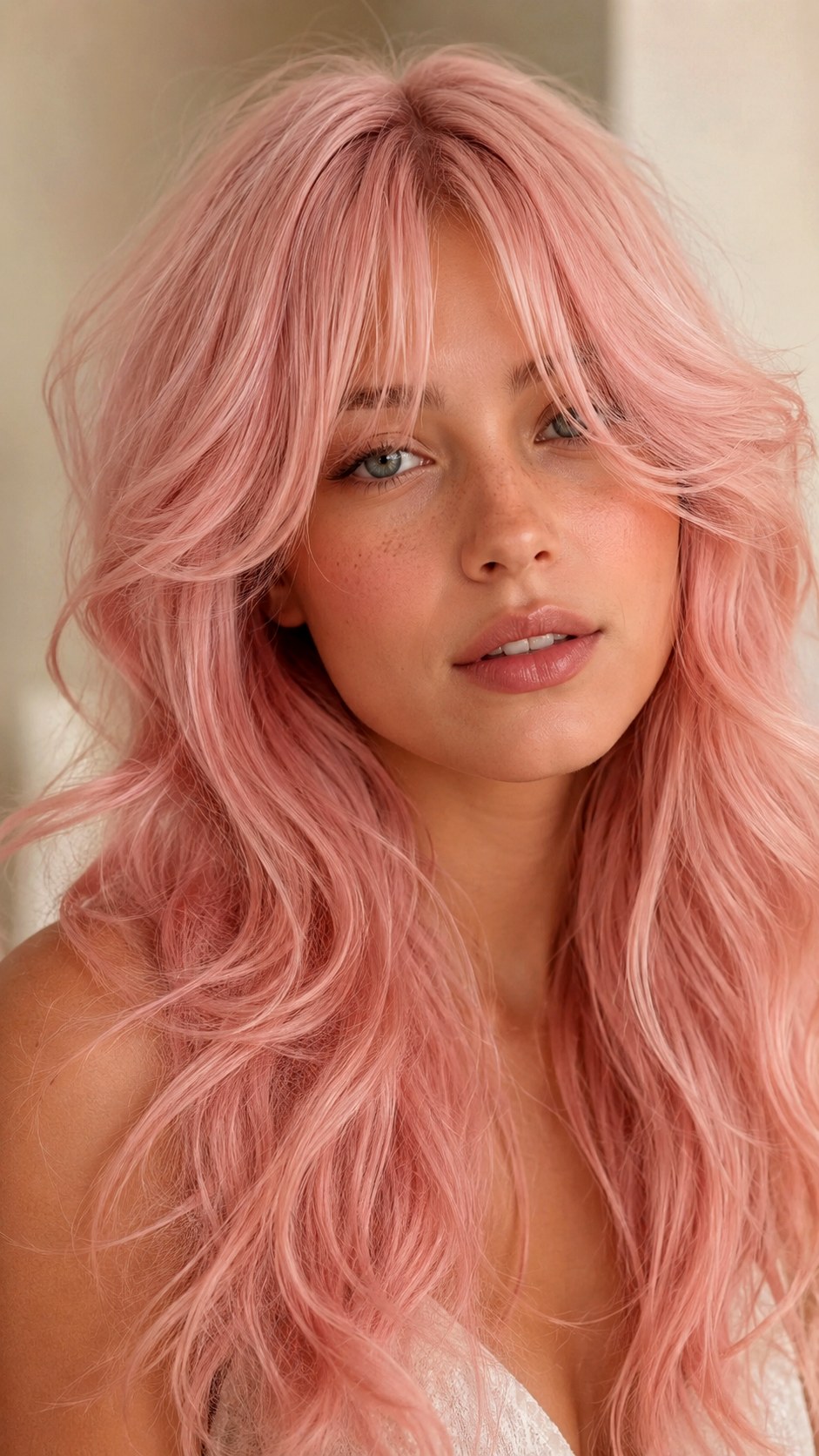 Pastel Pink Layered Mermaid Waves - 25 Long Layers with Curtain Bangs Ideas
