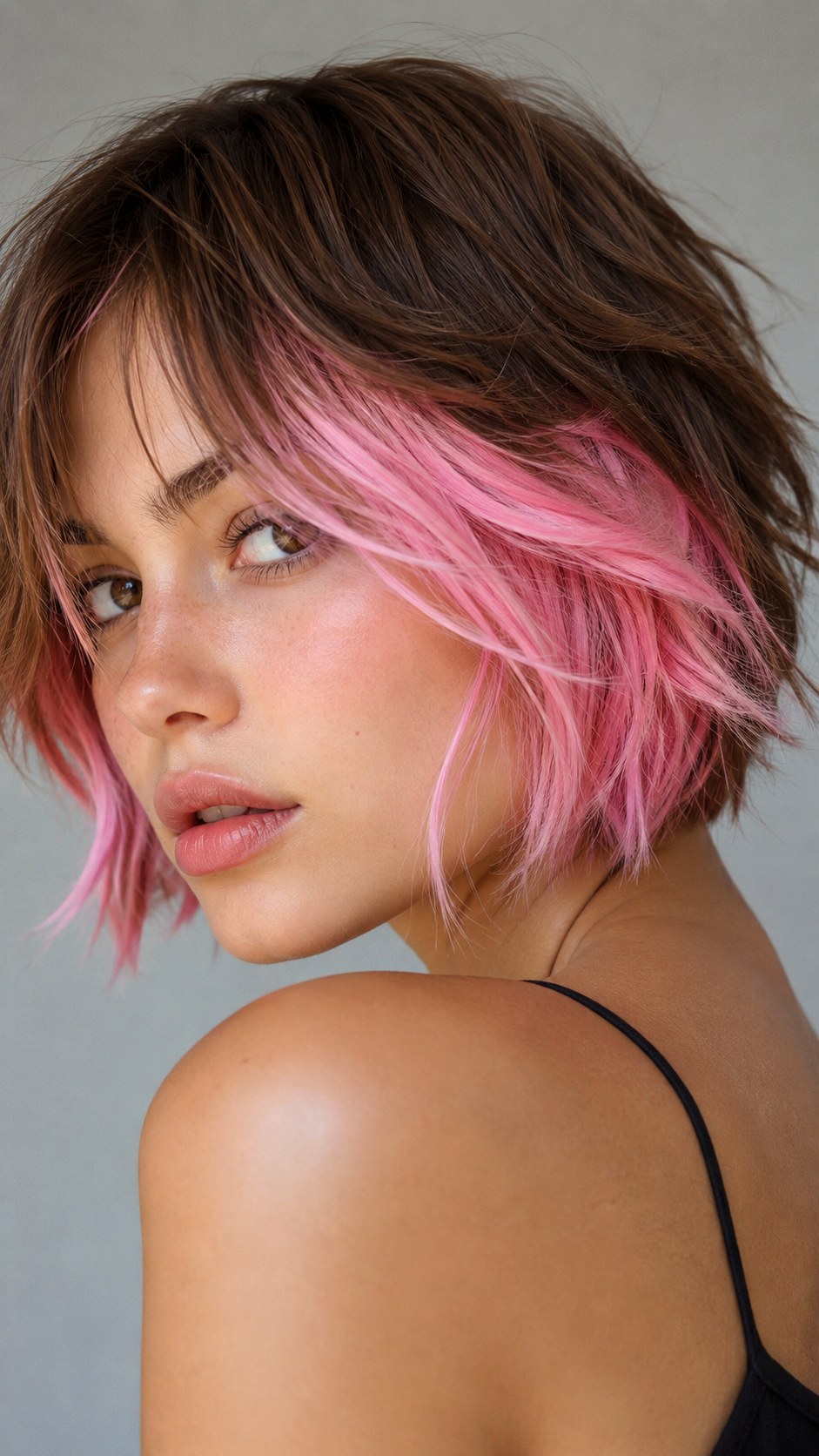 Pastel Pink Peekaboos on Shaggy Crop - 24 short hair highlights ideas
