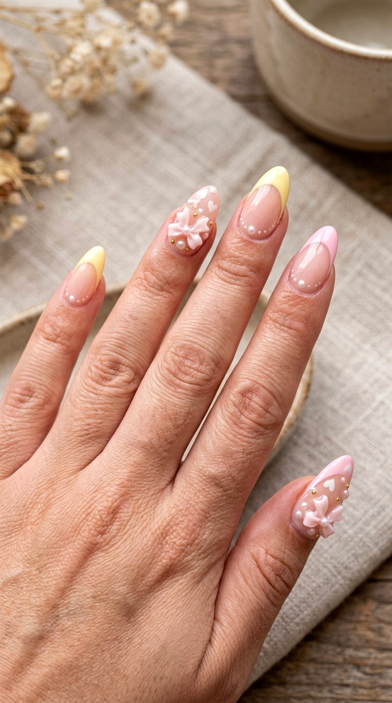 Pastel Pink Yellow Bow Nails - 23 yellow pink kawaii nail design ideas