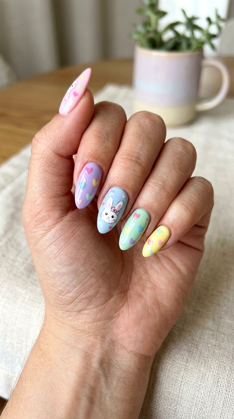 Pastel Rainbow Bunny Nails - 25 sweet heart bunny nails idea