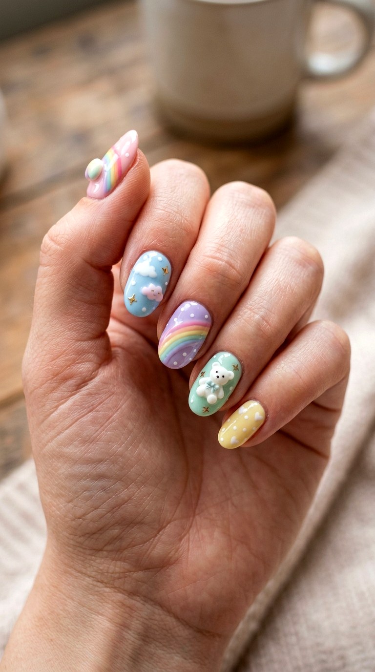 Pastel Rainbow Charm Nails - 20 Handmade pastel kawaii nail design ideas