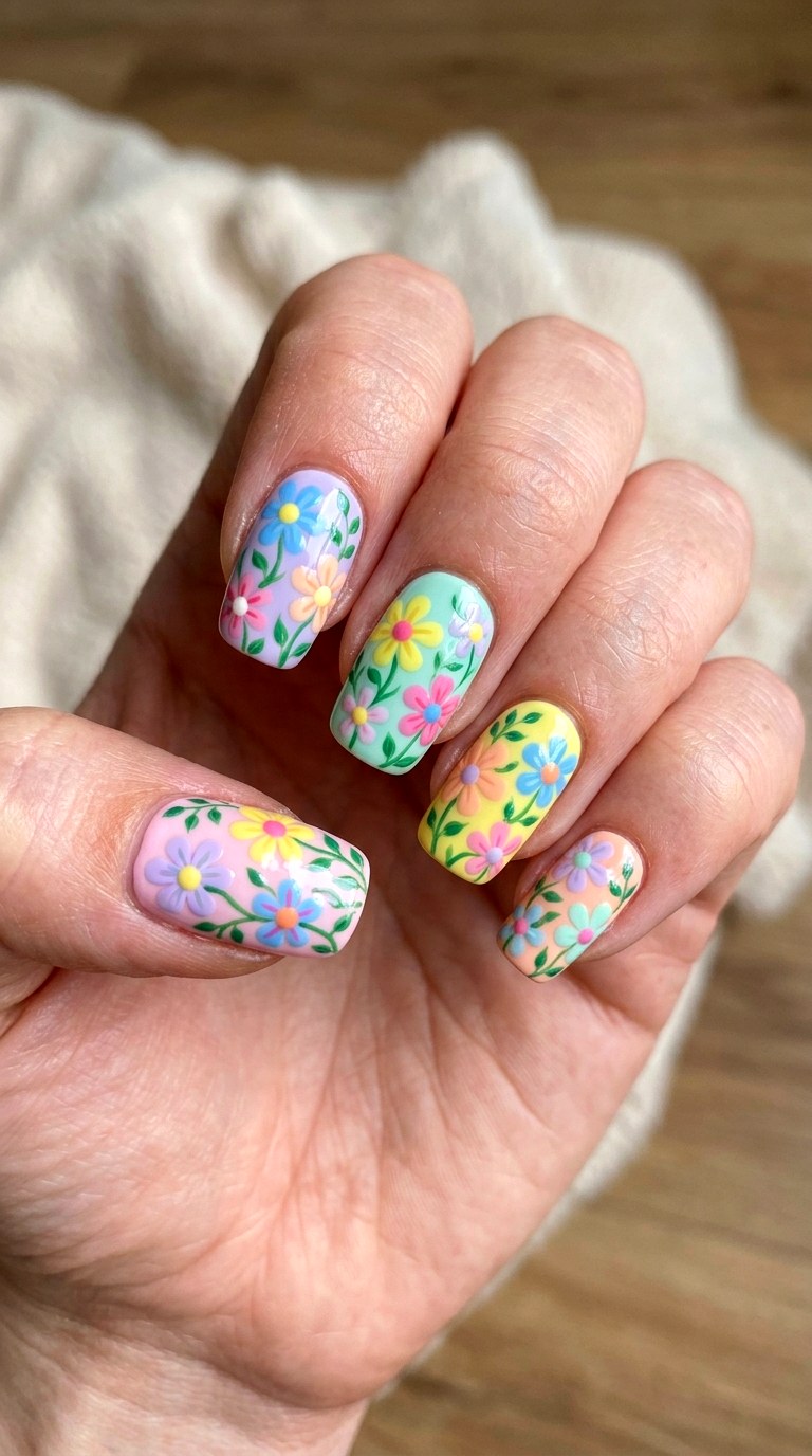 Pastel Rainbow Flower Nails - 22 Whimsical pastel nail art ideas
