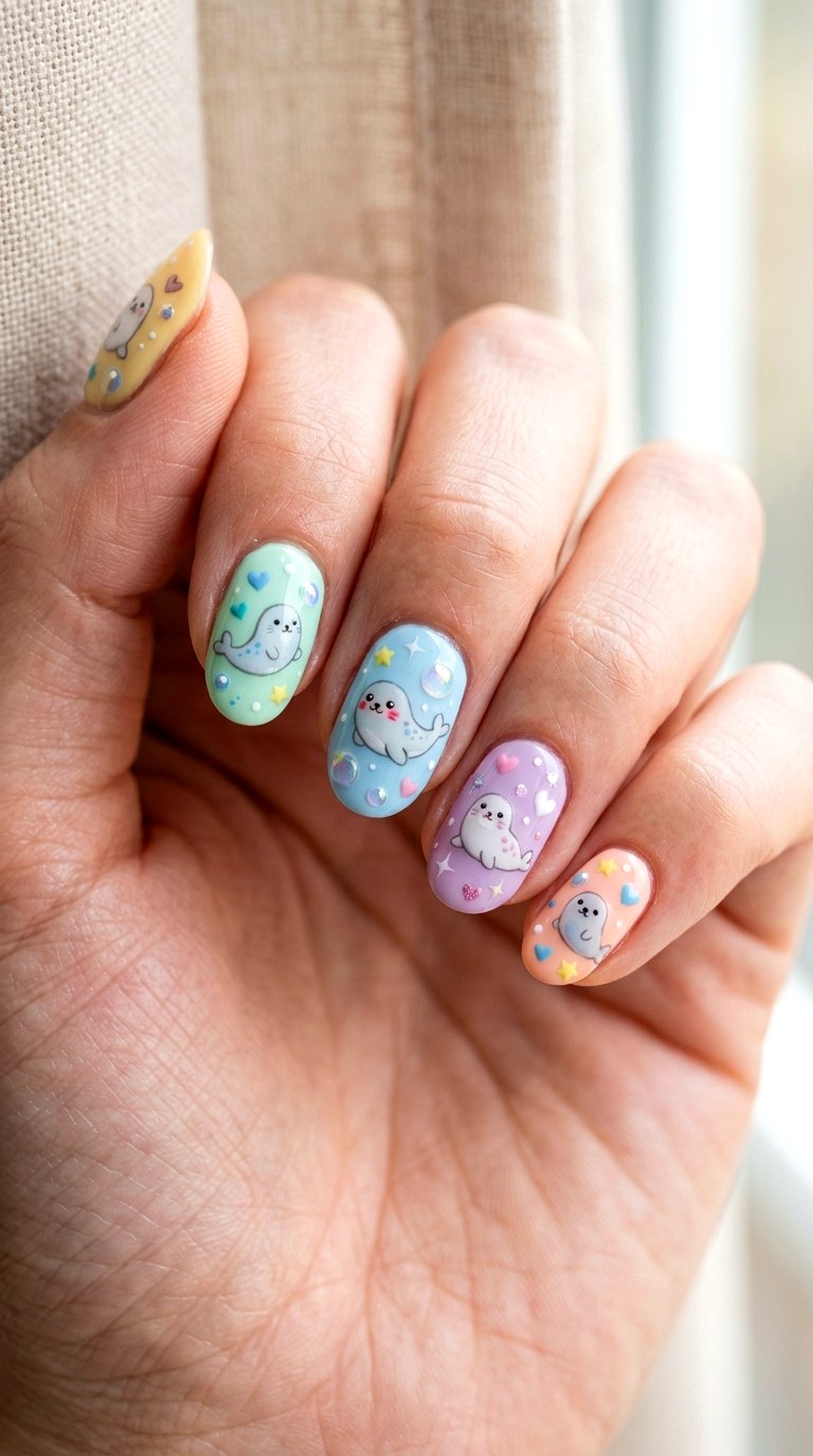 Pastel Seal Rainbow Set Nails - 22 little seals cute kawaii nail ideas