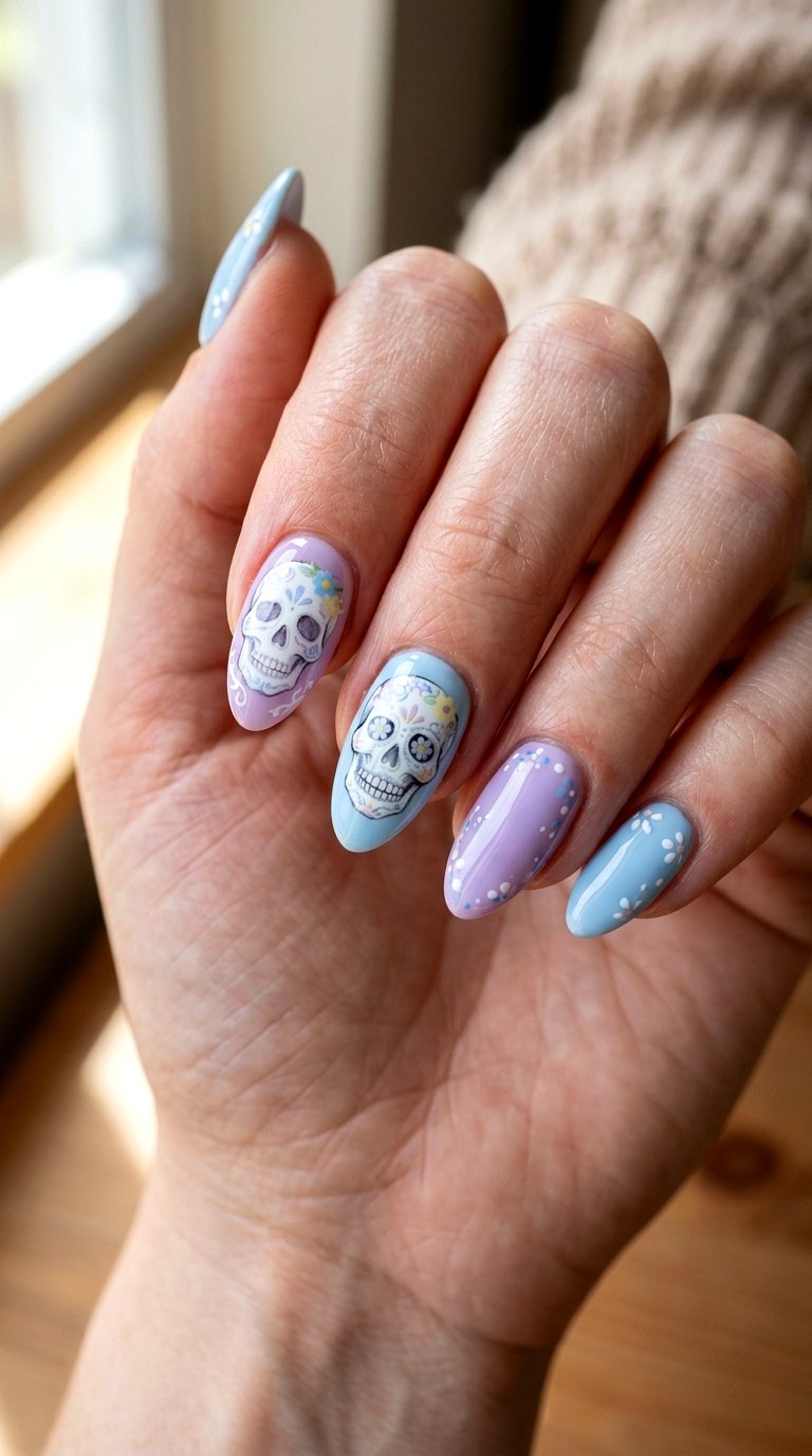 Pastel Skull Halloween Nails - 20 halloween nail art ideas