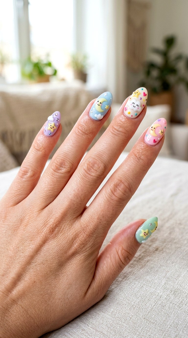 Pastel Star And Moon Nails - 20 Handmade pastel kawaii nail design ideas