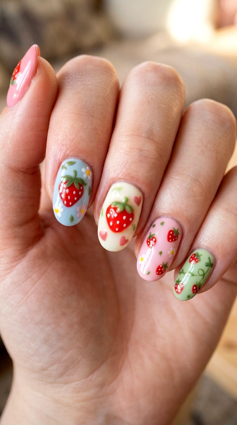 Pastel Strawberry Kawaii Nails - 20 Handmade pastel kawaii nail design ideas