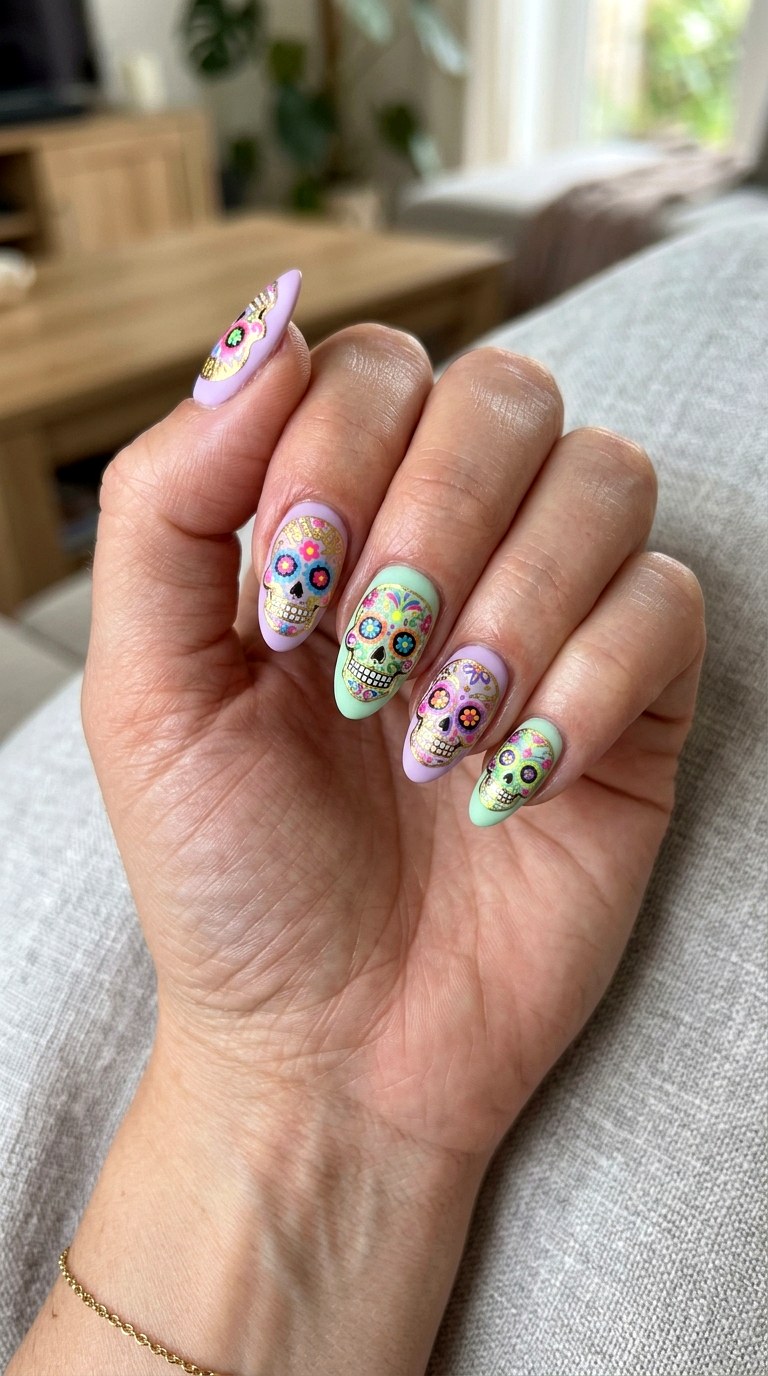 Pastel Sugar Skull Halloween Nails - 21 halloween nail inspo ideas