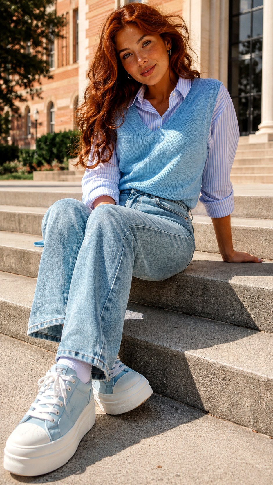 Pastel Sweater Vest and Vintage Wash Jeans - 23 Vintage Wash Jeans outfit Ideas
