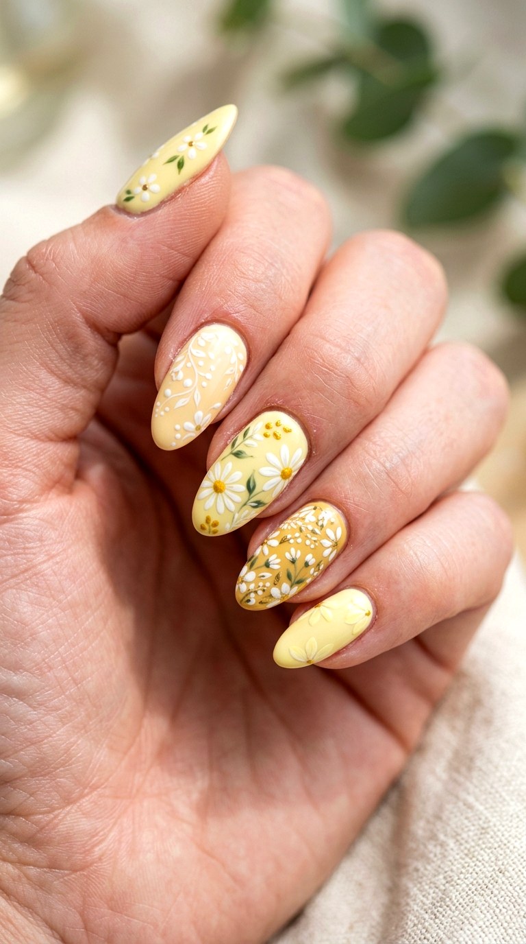 Pastel Yellow Floral Mix - 21 dreamy yellow floral summer nail ideas