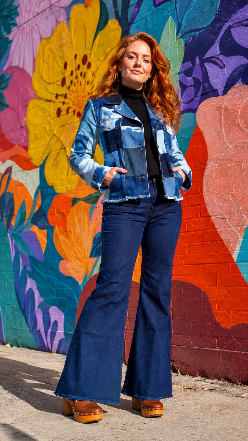 Patchwork Denim Jacket Bell Bottoms - 20 Double Denim Outfit Ideas