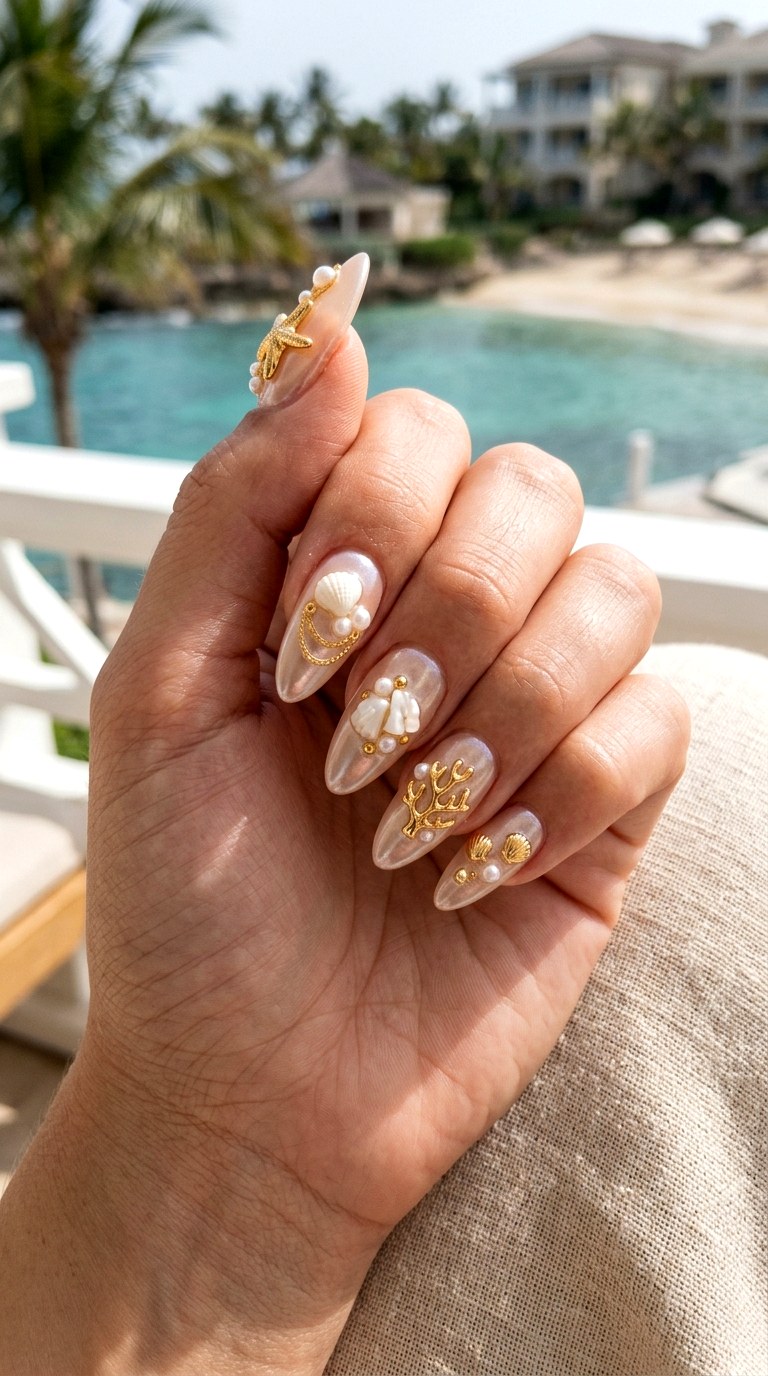 Pearl Beach Jewelry Nail Art - 23 Iridescent Pearl and gold starfish shell nail shimmer design ideas