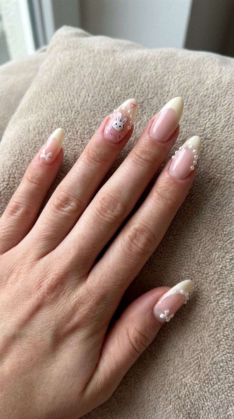 Pearl Bunny Heart Nails - 25 sweet heart bunny nails idea