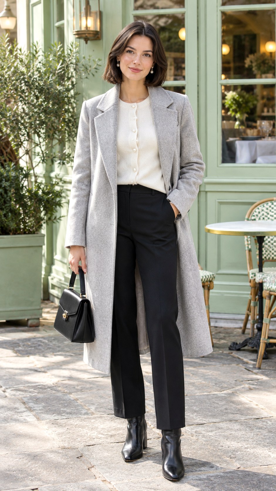 Pearl Cardigan With Tailored Black Trousers - 20 birthday outfit winter ideas