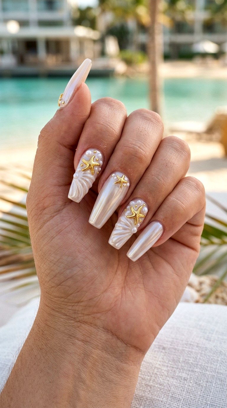 Pearl Chrome Gold Seashell Coffin Nails - 23 Iridescent Pearl and gold starfish shell nail shimmer design ideas