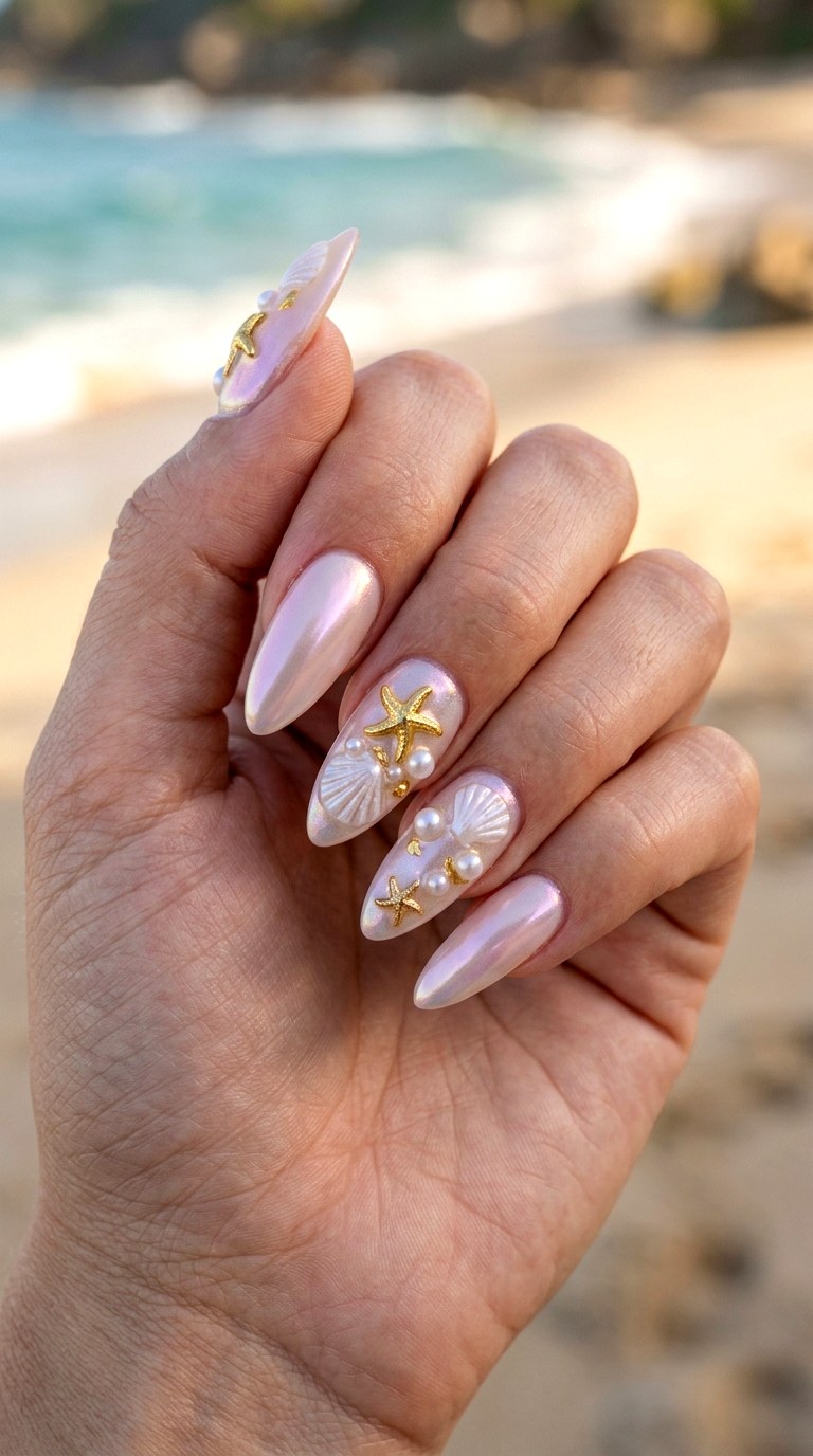 Pearl Chrome Starfish Almond Nails - 23 Iridescent Pearl and gold starfish shell nail shimmer design ideas