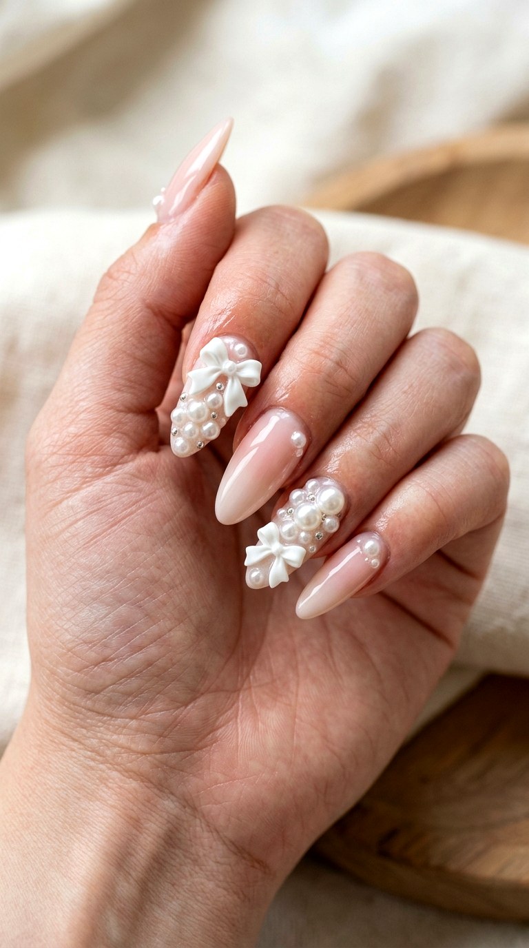 Pearl Coquette Acrylics - 23 girly acrylic nail ideas