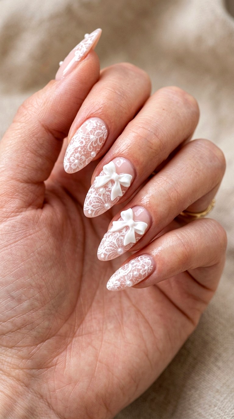 Pearl Lace Bow Manicure - 21 coquelte lace nail ideas