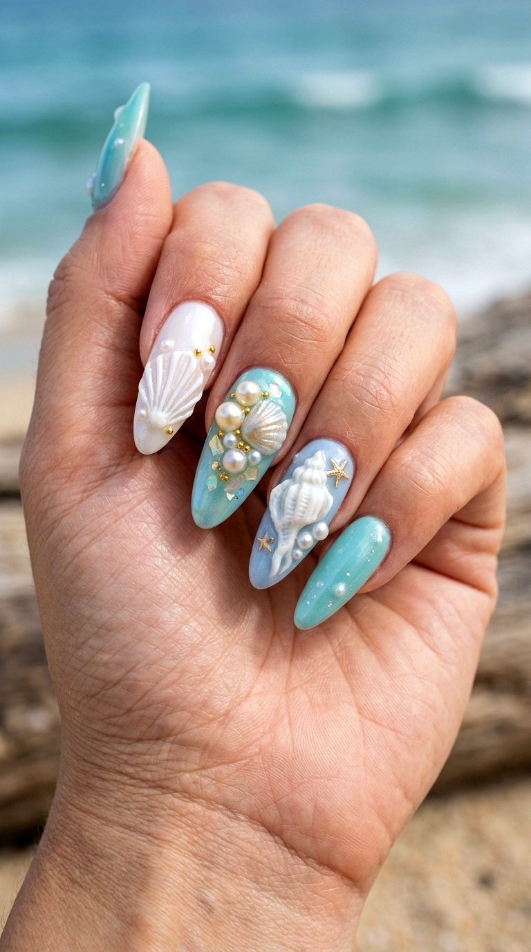 Pearl Seashell D Nails - 20 3D Ocean nails idea