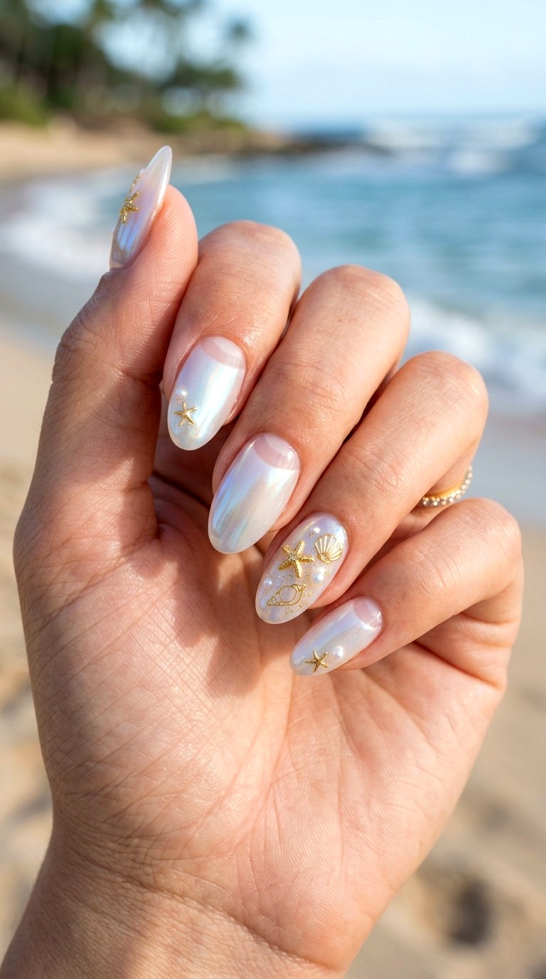 Pearl Shell Half Moon Nails - 23 Iridescent Pearl and gold starfish shell nail shimmer design ideas