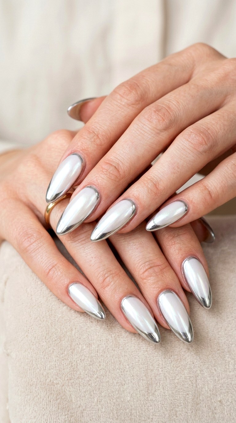 Pearl White Chrome Borders - 20 luxury Chrome outline nail ideas