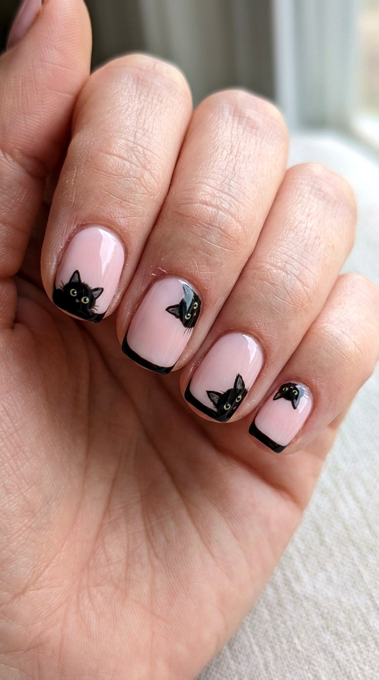 Peekaboo Cat Nail Art Nails - 23 black cat short nail design ideas